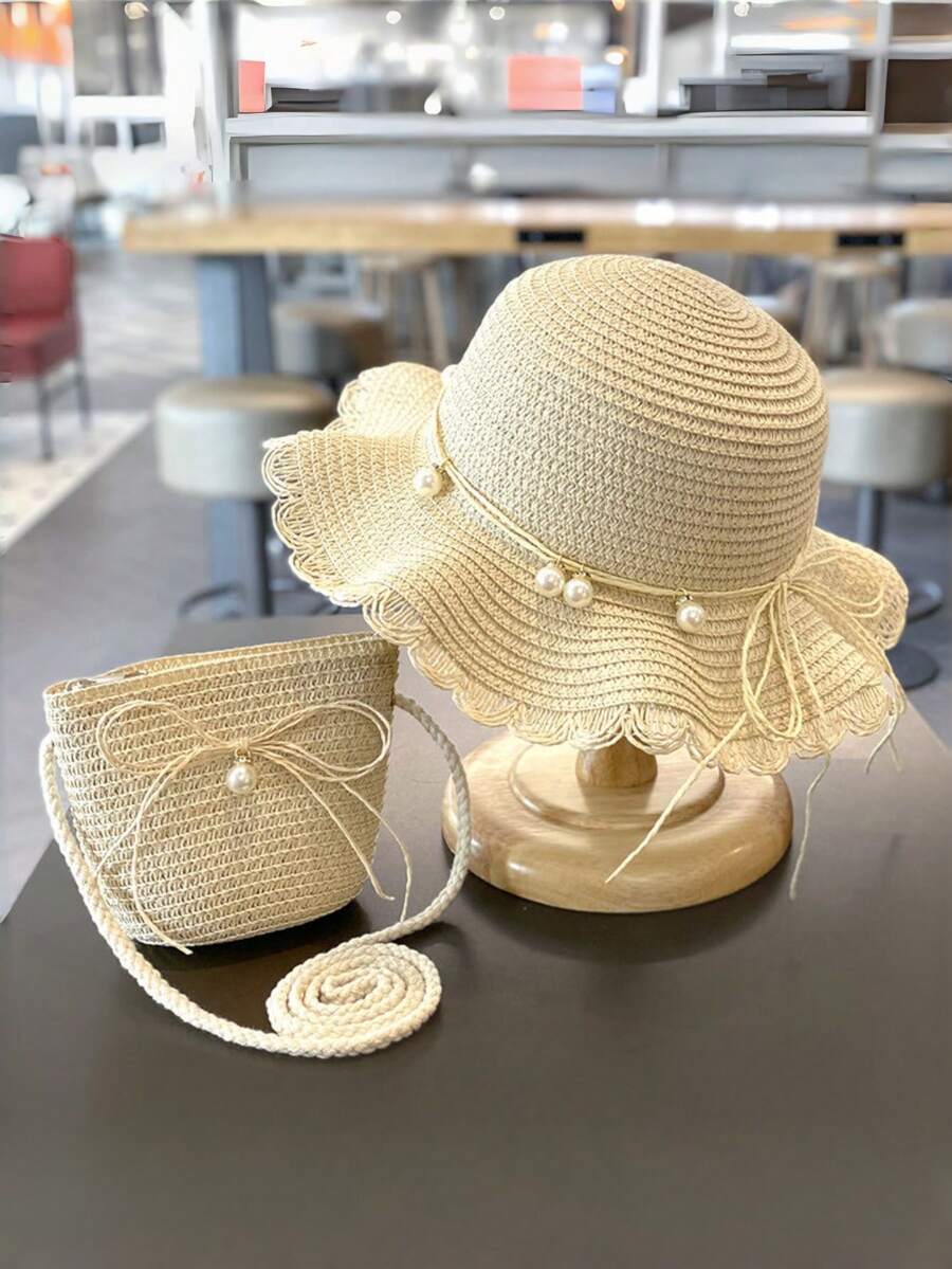 女童夏季防曬帽,荷葉邊寬帽簷,珍珠裝飾,蝴蝶結,草編沙灘帽,涼帽 - Hat+bag - 查看 1