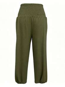 Casual Pleated Waist Solid Color Loose Long Pants - Army Green - View 3