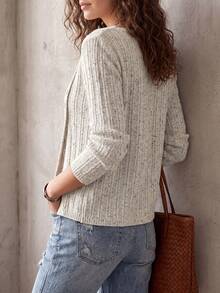 Women's Solid Color Round Neck Asymmetric Button Waist-Baring Split Hem Fall/Winter Casual Fashion Sexy Design Knit Long Sleeve Cardigan - Beige - View 3