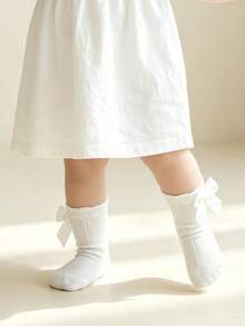 1雙女童幼兒網布蝴蝶結高筒襪，透氣不悶汗春夏嬰幼兒網布大蝴蝶結短筒襪，透氣可愛小公主1歲生日襪 - 白色 - 查看 4