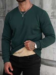 Sweatshirt Pria Polos Minimalis dengan Lapisan Termal, Hangat, Musim Gugur/Dingin - Dark Green - View 7