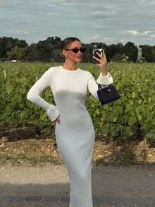 Elegant Commute Solid Color Fitted Knit Dress - White - View 2