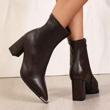 2025 Autumn/Winter New Vintage Brown Pointed Toe Leather Ankle Boots For Women, High Heel, Side Zipper, Slim Fit - Brown - View 4