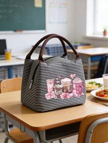 Insulated Lunch Bag With Pink Coffee Macaron, Bow And Envelope Pattern Design, For Women Coffee Lovers, With Black Utensil Storage Bag, Large Capacity, Student Meal Thermal & Cooler Bag, Portable Travel Picnic Bag, Office School Lunch Insulated Bag, Thermal Lunch Box, Work Lunch Box, Holiday Lunch Box, Multi-Functional Camping School Lunch Box For Men And Women - Multicolor - View 6