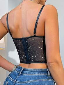 Black & Gold Sheer Corset Top - Suitable For Party, Date Night, Street Style, Everyday Wear - Black - View 6