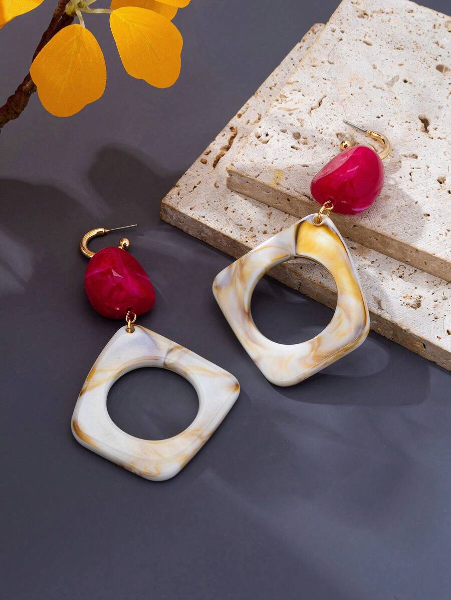 1 Pasang Anting-Anting Geometris Resin Blok Warna Vintage, Desain Tie-Dye Fuchsia dan Krem, Liontin Telinga Gaya Mewah Niche - MultiWarna - View 1