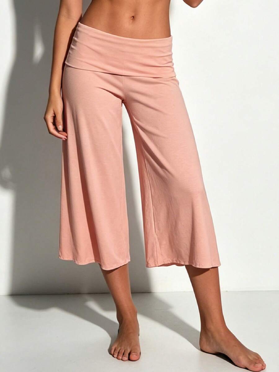Fold Over Wide Leg Capri Pants For Women Low Rise Yoga Flare Culottes Y2k Flowy Crop Palazzo Gaucho Pants Summer Beach Bottom - 粉色 - 查看 1