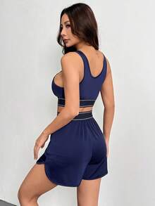 2pcs Women's Casual 2 Pieces Set V-Neck Cropped Top And Elastic Waist Shorts Sports - Blue - View 2