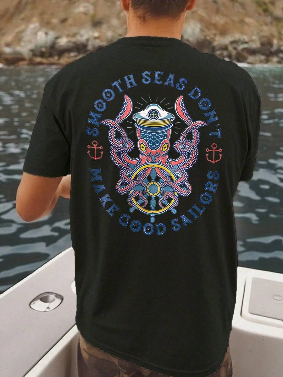 Men's Casual Japanese Style Octopus Print Short Sleeve T-Shirt, Comfortable & Breathable, Summer Wear - Negro - Ver 1