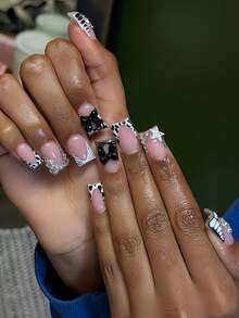 24pcs Rectangular Nail Stickers Instantly Elevate Your Look! Elegant Minimalist Black French Nails, White Polka Dots Black Stripes, 3D Black Bow, Silver Stars, Dollar Sign, Shiny Rhinestone Design, Pink Nails, Fashionable White French Nails, Black Polka Dots Black And White Cow Print, Leopard Print Nails, Full Coverage Fake Nails Set, Suitable For Women And Girls. Set Includes 1pc Jelly Glue + 1pc Nail File, Jelly Glue Randomly Shipped. - Black and White - View 4