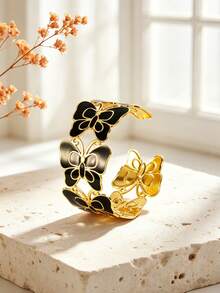 VceTd 1pc Romantic Style Colorful Enamel Butterfly Design Stainless Steel Open Bangle Bracelet For Women, Suitable For Weddings, Elegant Dates, Or Valentine's Day Gift For Loved Ones - Yellow Gold - View 9