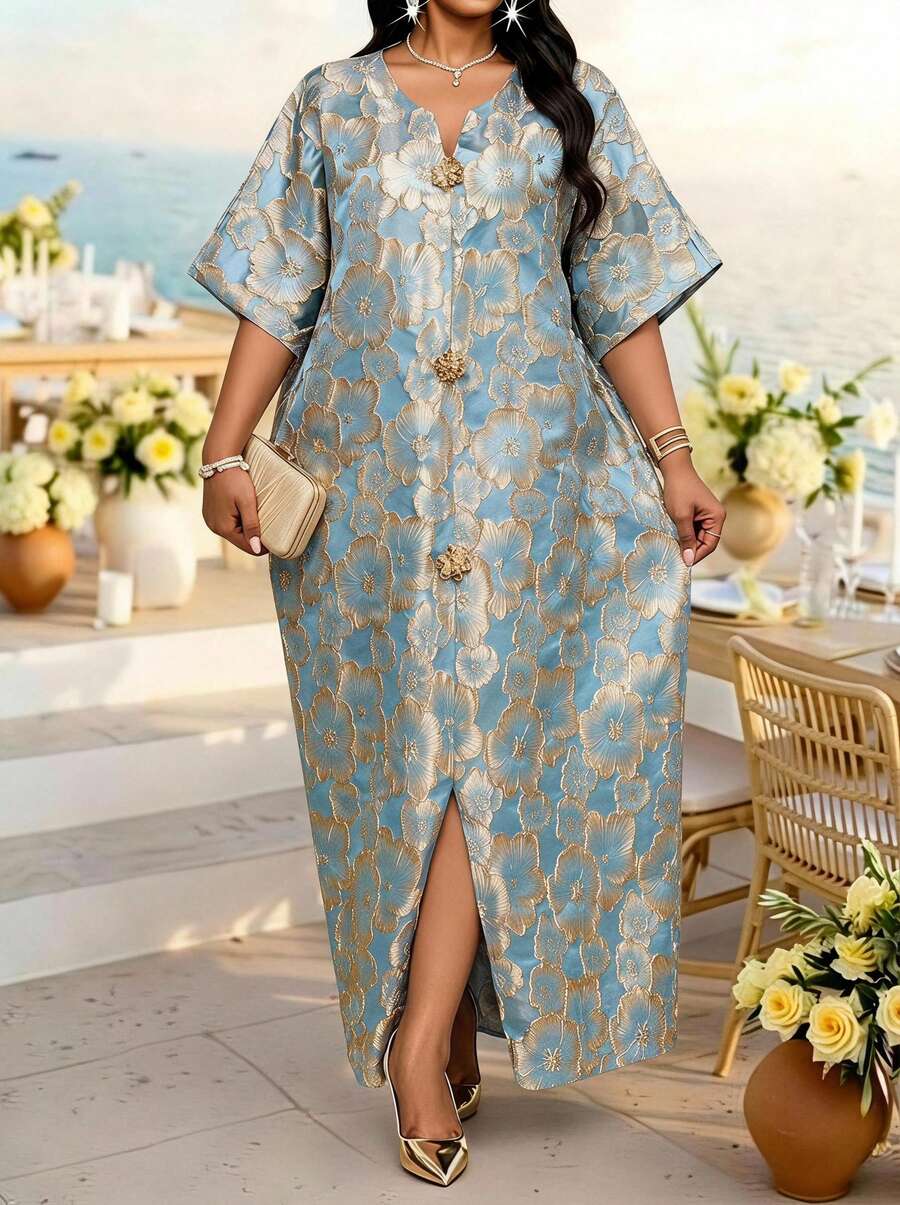 SHEIN Lady 大码V领金属装饰优雅连衣裙 - 綠色 - 查看 1