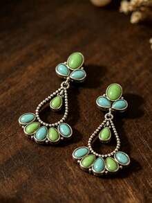1 Pair Vintage Synthetic Turquoise Teardrop Hollow Dangle Zinc Alloy Earrings - Green - View 3
