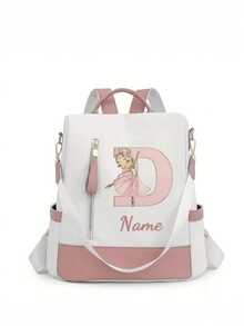 Personalized Custom Name A-Z 26 English Letters Premium Backpack, Fashion Anti-Theft Versatile Large Capacity Travel School Bag, Exquisite Cute Pink Ballet Girl Pattern Fashion Contrast Color Design Lightweight Large Capacity, Perfect For Daily Outings, Work Commute, School - White and Pink - View 11