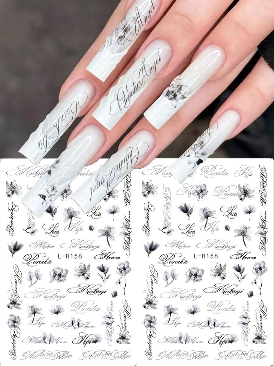 2件組 Y2K 英文字母美甲貼紙,迷人花卉黑色草寫字母美甲貼,復古手寫字母美甲貼片,日系 DIY 美甲沙龍美甲配件 - 彩色 - 查看 1