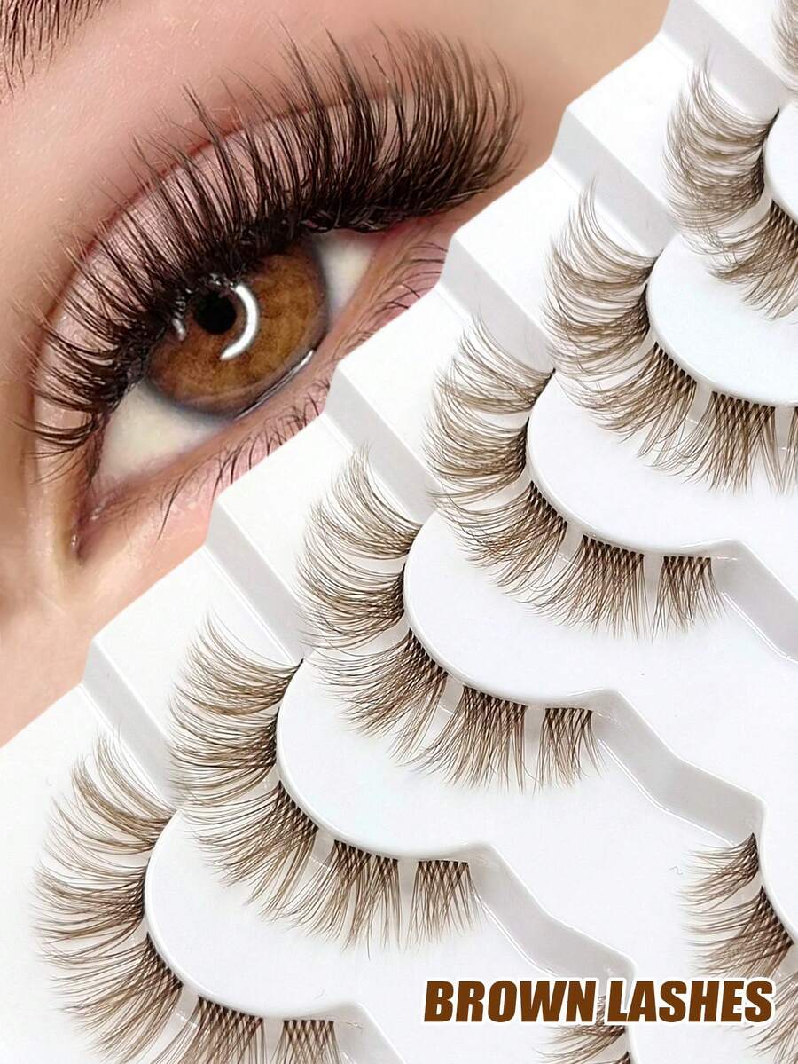 Asiteo 7 Pairs Brown Natural Lashes,Wispy And Fluffy False Eyelashes,Natural Look Faux Mink Lashes,With Clear Band Soft,For Daily Makeup Extension,Party,Reusable - Brown - View 1