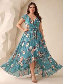 UNITHORSE Vestido de dama de honor con estampado, cuello en V con volantes, corbata desmontable y bajo asimétrico con volantes (sin posicionamiento de flores) - Verde - Ver 5