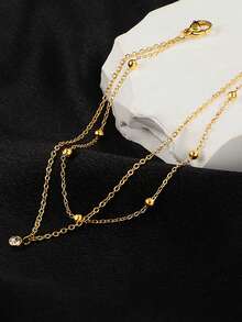1pc Multi-Layer French Style Delicate Women's Anklet, Stainless Steel Material With Artificial Rhinestone Beaded Chain, Women's Daily Beach Vacation Layered Accessory Jewelry Gift (Random Number Of Beads) - Yellow Gold - View 2