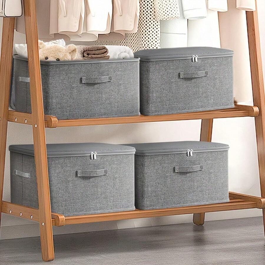 Thickened Linen Foldable Storage Box With Lid, Sturdy Handle Stackable Closet Storage Bin, Dust Moisture Proof Clothes Quilt Toy Book Organizer, Multifunctional Home Storage Container For Wardrobe Bedroom Kitchen Living Room,Bedroom Room Decor,Back To School