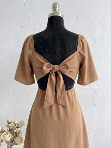 Plus Size Short Princess Dress, Loose Fit, With Gathered Neckline And Short Sleeves, Elegant, Sizes 46 To 56 - Beige - View 5