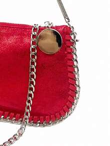 Handmade Chain-Strap Multi-Use Multi-Function Silver-Tone Metallic Baguette Shoulder Handbag Crossbody Bag - Red - View 5