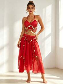 Bohemian Rhinestone Coin Halter Crop Top With Asymmetric Sheer Chiffon Skirt For Beach Vacations, Desert Festivals & Rave Outfits (Available In Multiple Colors) - Multicolor - View 12
