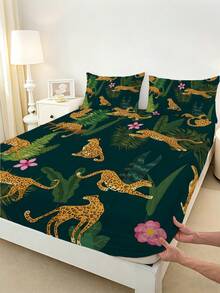 1PC Animal And Tropical Plant Pattern Fitted Sheet (Only Fitted Sheet, No Pillowcase), Soft And Comfortable 100% Polyester Fabric, Suitable For Bedroom, Guest Room, School Dorm Bedding, Available Sizes: Extra Large, Large, Standard Double, Single. Easy To Remove And Machine Washable, All-Season Mattress Protector. Modern Minimalist Washable Home Bedding - Multicolor - View 7