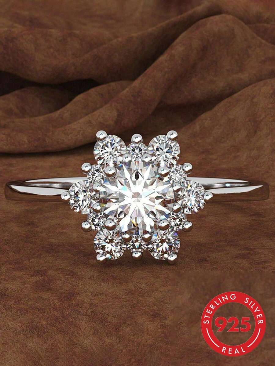 S925 Sterling Silver Creative Snowflake Design Ring Decorated With Rhinestone For Women, 14k Gold Plated Wedding Engagement Bridal Jewelry - White - View 1