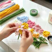 Tallo de tubería de limpieza, materiales florales hechos a mano, conjunto de ramo de flores de terciopelo de tubería con accesorios y tutorial, kit DIY mejorado hecho a mano, adecuado para decoración y regalos - Ramo de la serie colorida - Ver 3