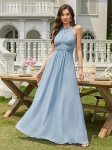 Volly Toych Elegant Chiffon Backless Bridesmaid Dress, Ruched Bust Draped Long Formal Gown, Sleeveless, Suitable For Prom And Wedding - Dusty Blue - View 4
