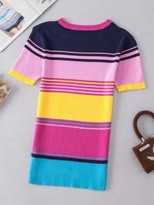 Acelitt Summer Pink Mixed Color Striped Ribbed Crew Neck Knit Top - Multicolor - View 6