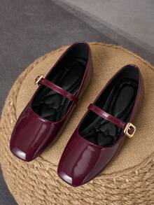 MonaNise Women's Fashion Square Toe Brown Low Vamp Patchwork Mary Jane Apricot Flat Shoes Autumn Outdoor Play High-End Casual Burgundy Khaki Versatile Black Flats - Burgundy - View 4