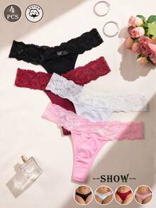 4 piezas de bragas de algodón de tiro bajo con parches de encaje para mujeres - Multicolor - Ver 8