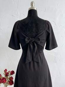 Plus Size Short Princess Dress, Loose Fit, With Gathered Neckline And Short Sleeves, Elegant, Sizes 46 To 56 - 黑色 - 查看 5
