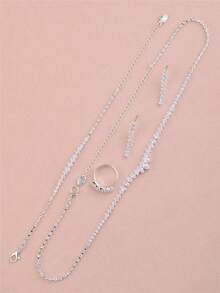 CORUIXI 1 Set Exquisite Compact Diamond Jewelry Set For Women, Shiny Zirconia + Rhinestone Necklace, Earrings, Bracelet, Ring, 4-Piece Elegant Accessories Suitable For Festivals And Daily Wear - Silver - View 6