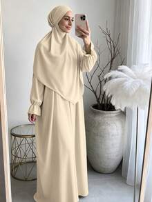 柔軟布料 Khimar 長袍套裝，寬鬆大尺碼長袖保守全身長洋裝，適合中東女性日常街頭穿著 - 彩色 - 查看 5