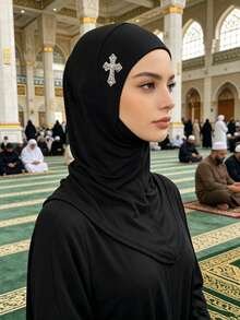 1pc High Quality Cross Rhinestone Muslim Women Elegant Headscarf, Versatile Style Suitable For Daily Casual Outings - Black - View 1
