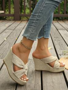 Women's Boho Linen Espadrille Platform Wedge Sandals, Crisscross Open Toe Comfortable Summer Beach Shoes - Beige - View 2