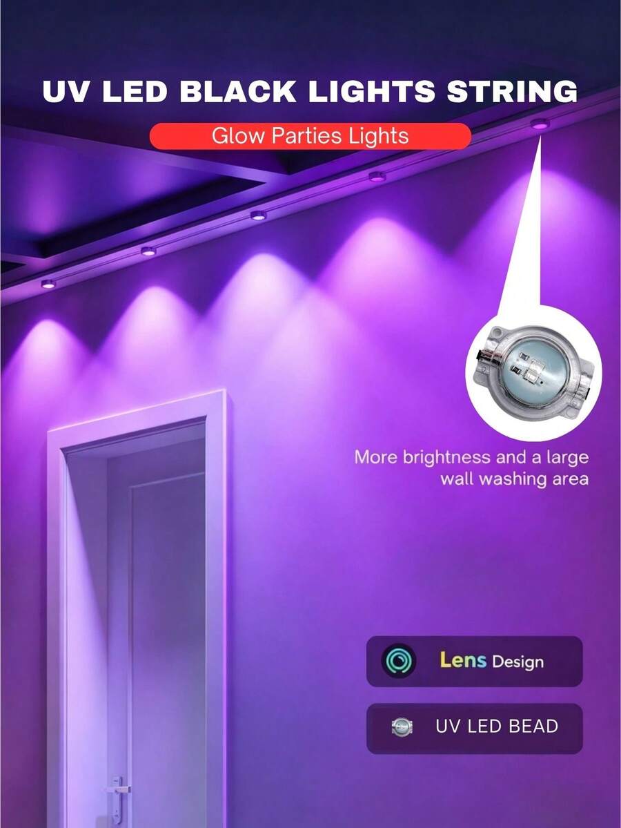 aiinnew UV LED Black Light String 9-30M/29.5-98.4ft IP65 Waterproof Indoor Outdoor Blacklight Eave Light With Switch, USB Powered Black Light For Ultraviolet Wall Washing Light Neon Glow In The Dark Party Body Paint Fluorescent Poster Classroom Halloween