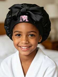 1pc Children's Black Satin Sleep Cap With Tie, Pink Flower & Letter Customization, Toddler Nighttime Hair Protection Cap, Adjustable Hair Cap For 9-12 Years Old - Multicolor - View 2