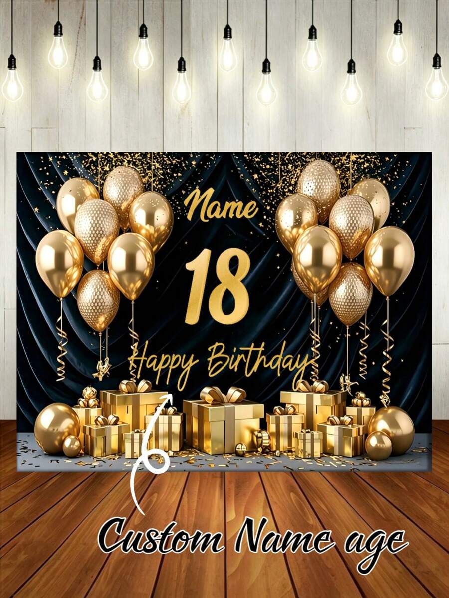 1pc Customizable Name & Age Gold Glitter Balloon Happy Birthday Backdrop, Gold Ribbon Balloon Gift Box Decoration Background, Suitable For Birthday Party Cake Table Decoration, Photography Banner, Vinyl Material, Multi-Functional, Durable, Decorative, Reusable, Exquisite, Fashionable, Colorful, Modern, Customizable, Personalized, Unique, Ideal Gift For Her, Boyfriend, Girlfriend