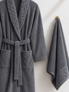 Diamond Pattern Jacquard Shawl Collar Bathrobe - S/M - L/XL - Made In Turkey - Dark Grey - View 2