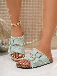 Sparkly Rhinestone Fringed Denim Cork Slide Sandals, Double Buckle Open Toe Summer Beach Thick Sole Sandals Solid Color Beach Buckle Vacation - Green - View 2