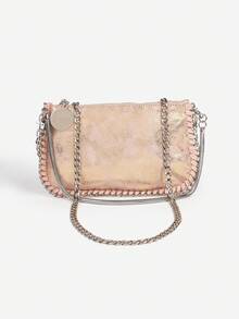 Bolso de mano tipo baguette de axila con correa de cadena, multifuncional y multiusos, de tono plateado metálico, para hombro y cruzado - Rosa - Ver 1