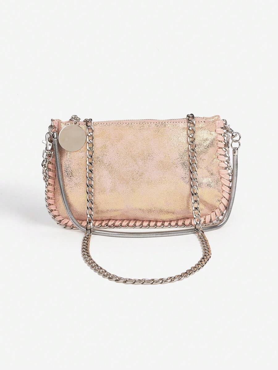 Bolso de mano tipo baguette de axila con correa de cadena, multifuncional y multiusos, de tono plateado metálico, para hombro y cruzado - Rosa - Ver 1