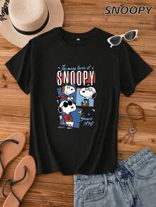 The Many Faces Of Snoopy Since 女款 Snoopy 卡通短袖可愛基礎針織 T-shirt - 黑色 - 查看 1