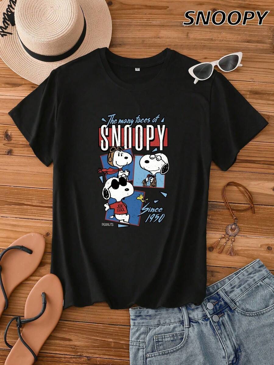 The Many Faces Of Snoopy Since 女款 Snoopy 卡通短袖可愛基礎針織 T-shirt - 黑色 - 查看 1