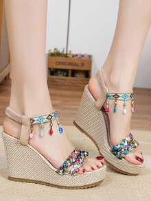 Shiny Rhinestone Bow Silver Elegant Pointed Toe Slimming Women's High Heel Slip-On Slouchy Chunky Heel Pumps - Beige - View 6
