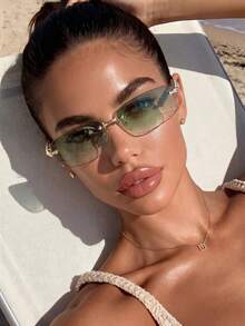 1PC Women's Frameless Cut-Edge Rectangular Ocean Lens Metal Retro Bohemian Y2K Rivet Temple Decor Street Fashion Elegant Fashion Glasses Shades, Suitable For Beach, Seaside, Vacation, Travel, Driving, Camping, Outdoor Activities, Street Photography, Etc. - Multicolor - View 11