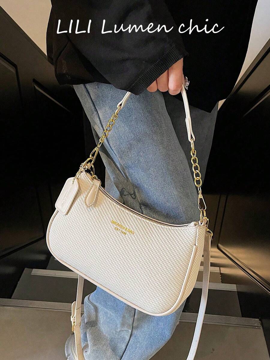 純白色編織 Hobo 包,金色鏈條手把、可調節皮革肩帶、裝飾 PU 吊牌,休閒包 - 米色 - 查看 1